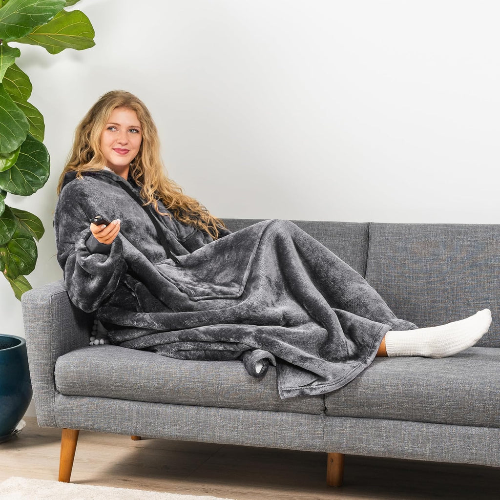 Blanket Hoodie for Women Grey, Sherpa Wearable Blanket Men, Cozy Oversized Sweatshirt Blanket, Warm Fleece Hooded