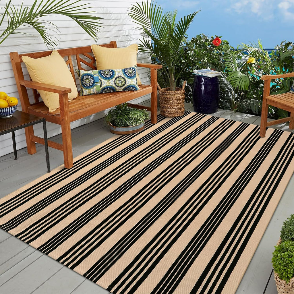 Outdoor Patio Rug 5'x7', Black and Tan Striped Outdoor Rugs Machine Washable Area Rugs Cotton Hand W