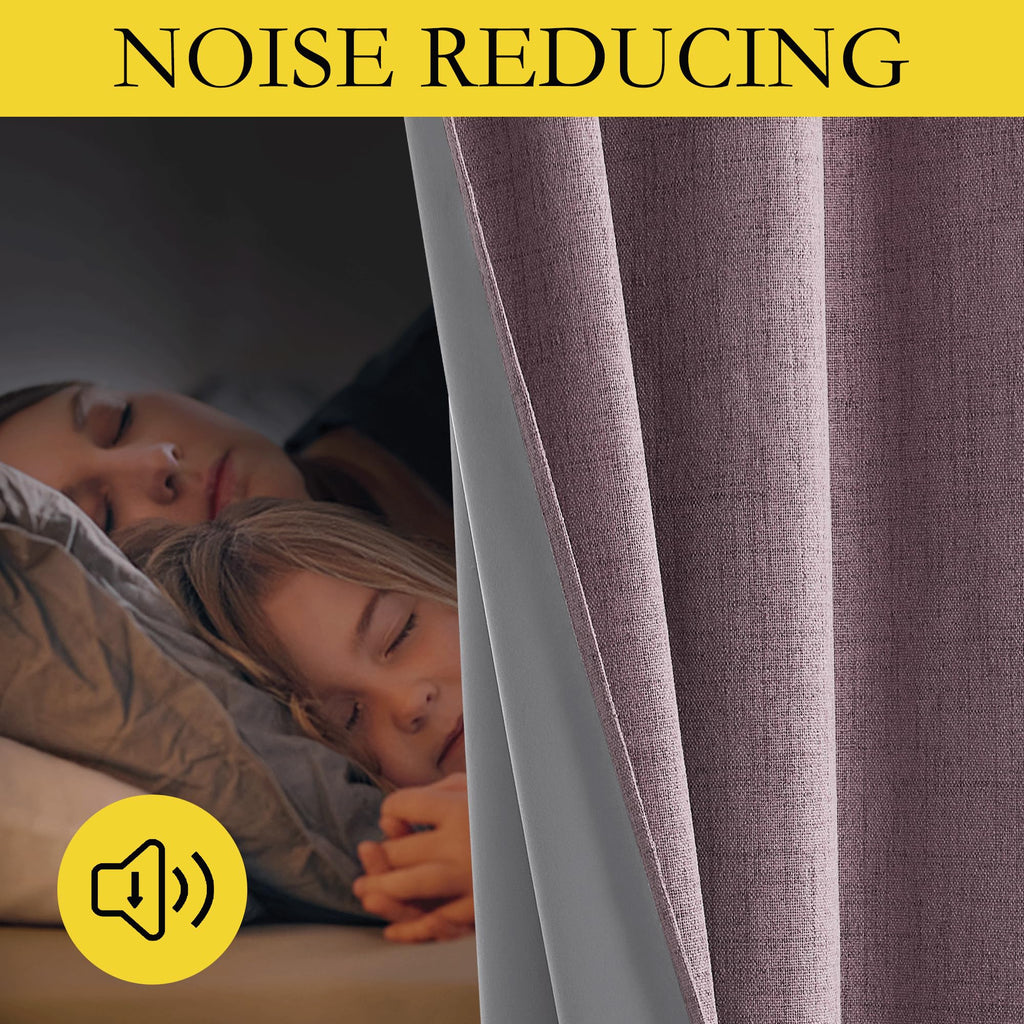 Chaise Mauve Vintage Linen 100% Blackout Curtains, Thermal Insulated Curtains 95" Long, Noise Reducing Window