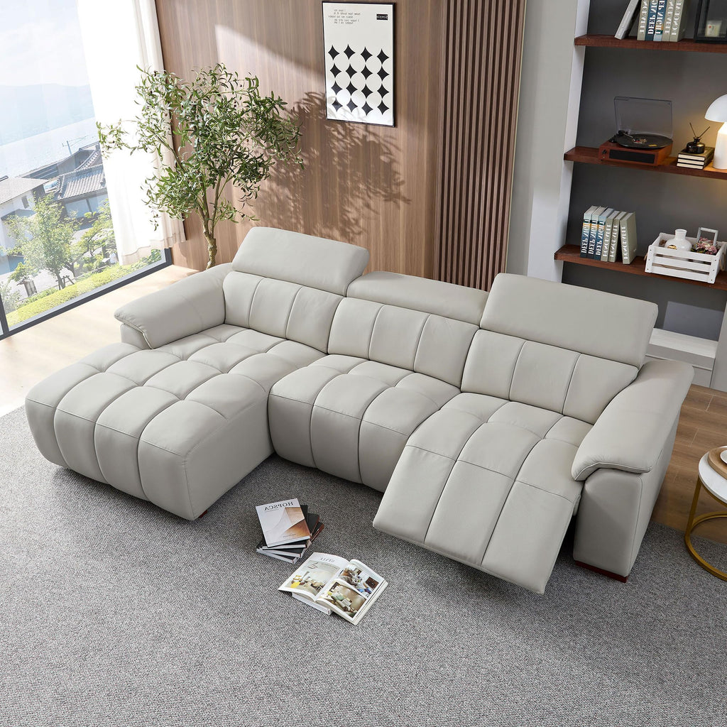 113" L-Shaped Genuine Leather Wall-Hugger Reclining Sofa with Left Chaise, Adjustable Backrest & Footrest, Modern