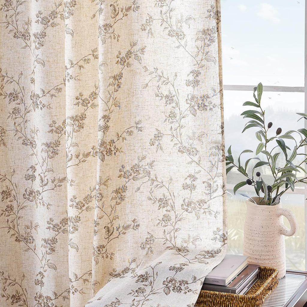 Taupe Floral Linen Curtains 84 Inch Farmhouse Curtain Back Tab Drapes for Living Room Bedroom Light Filtering Vintage