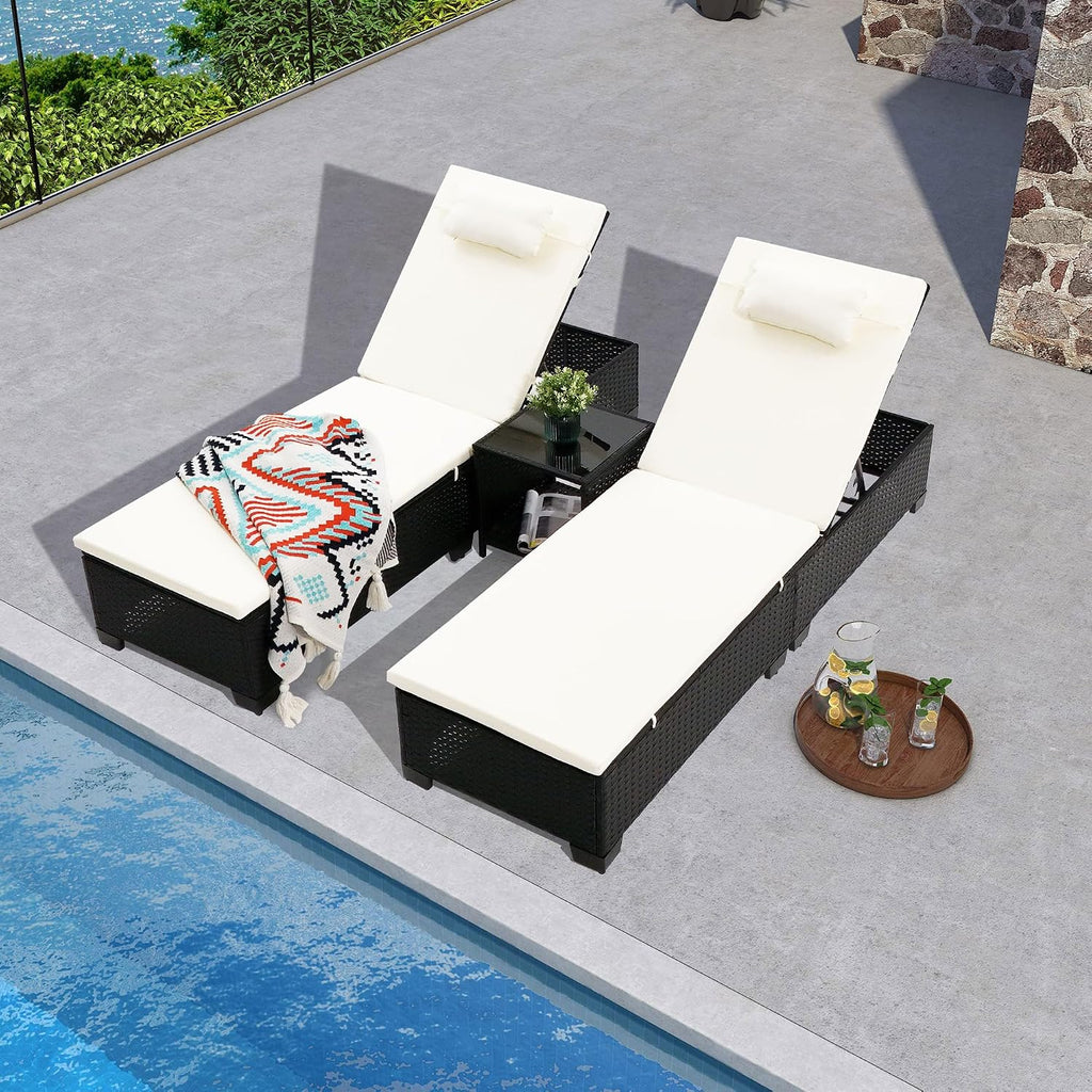 3-Piece Outdoor Lounge Chairs Set, Chaise Lounge Patio Chairs with Coffee Table, Adjustable Wicker Chairs