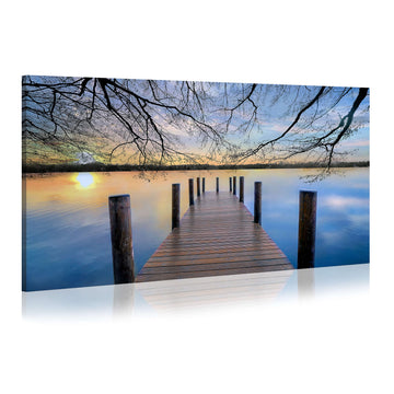 Lake Canvas Wall Art Picture - Landscape Artwork Nature Scene Dock Painting with Sunset Calm Pier Print Wall Living
