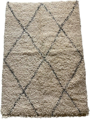 Handmade Moroccan Berber Area Rug 6' x 9', 100% Wool High Pile Shag, Beni Ourain Style, Ivory/Cream with Charcoal