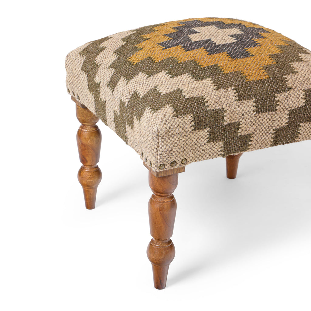 Handmade Jute Upholstered Ottoman Stool | Square Foot Rest with Wooden Legs | Decorative Accent Seating, Vanity &