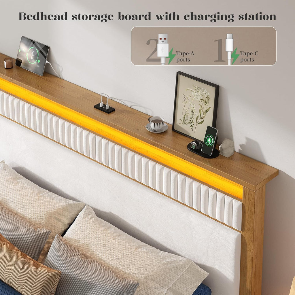 Solid Wood Queen Size Bed Frame with Storage Headboard & LED Lights
