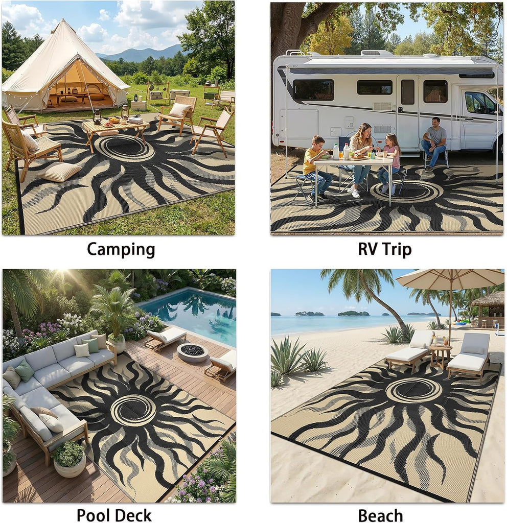 Outdoor Rug Waterproof Patio Rugs with Boho Sun Pattern, Reversible Plastic Straw Camping Rugs Outdoor Indoor RV