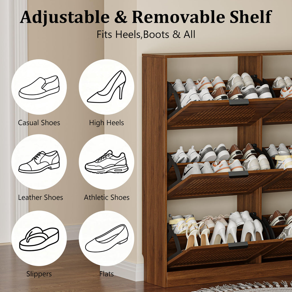 Fluted Shoe Storage Cabinet, 6 Flip Drawers, Walnut