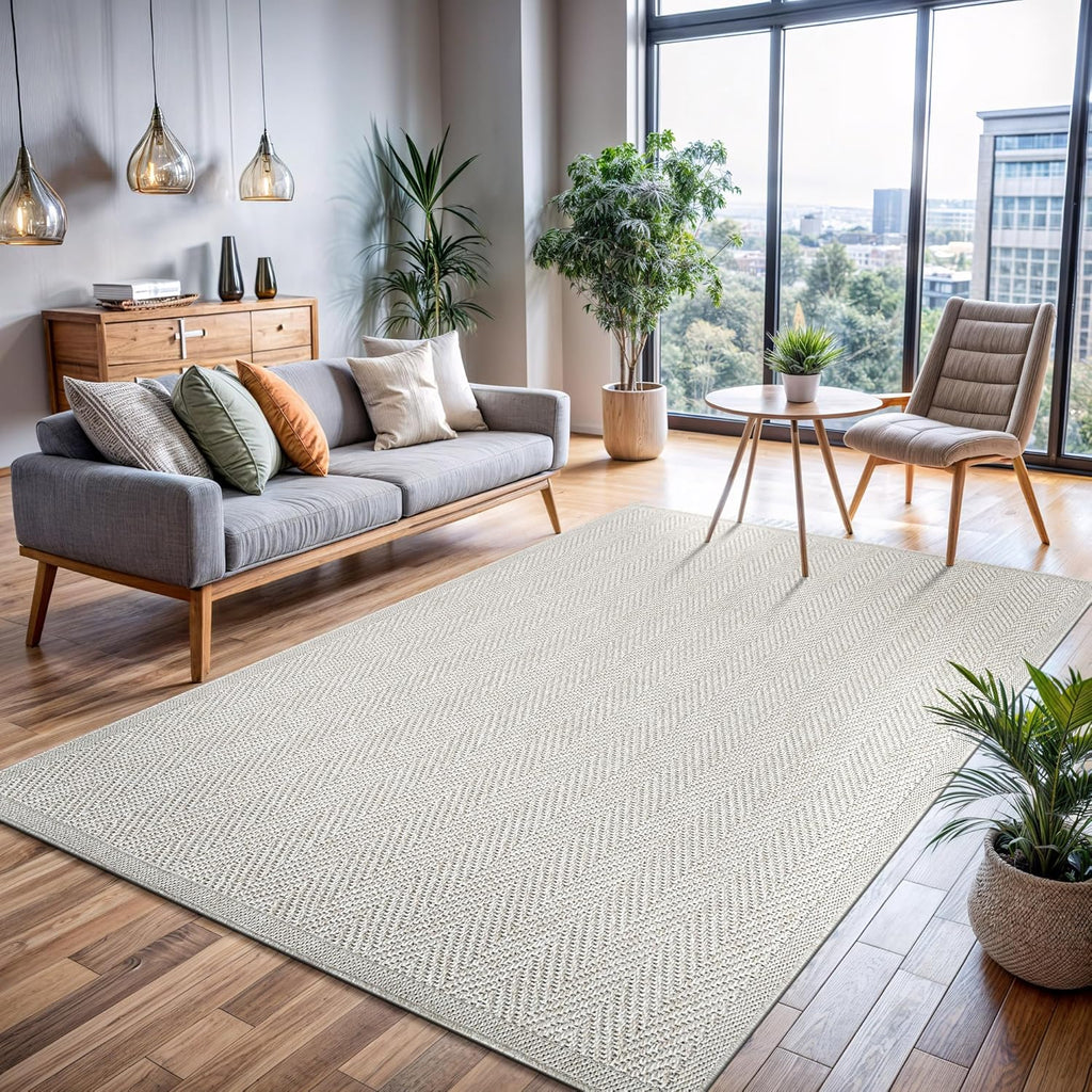 Easy Jute Rug, Indoor Outdoor Off-White Color Fiber Area Rugs Rug Herringbone Seagrass Boho Woven Design