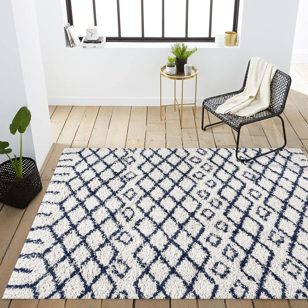 Diamond Shag Beige/Navy Indoor Area Rug, Algaida Moroccan, Easy-Cleaning, High Traffic, Pet-Friendly