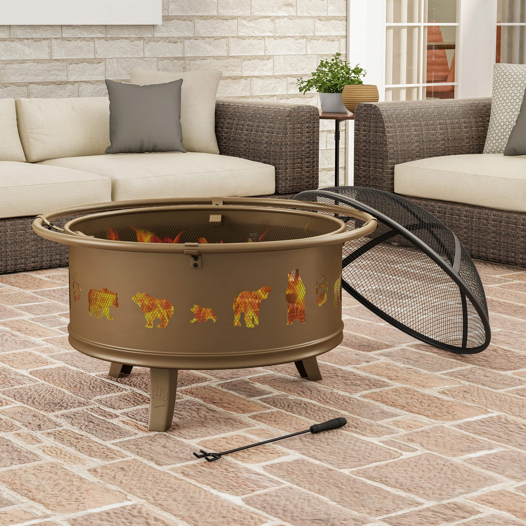 32" Outdoor Deep Fire Pit-Round Large Steel Bowl with Bear Cutouts, Mesh Spark Screen, Log Poker & Storage