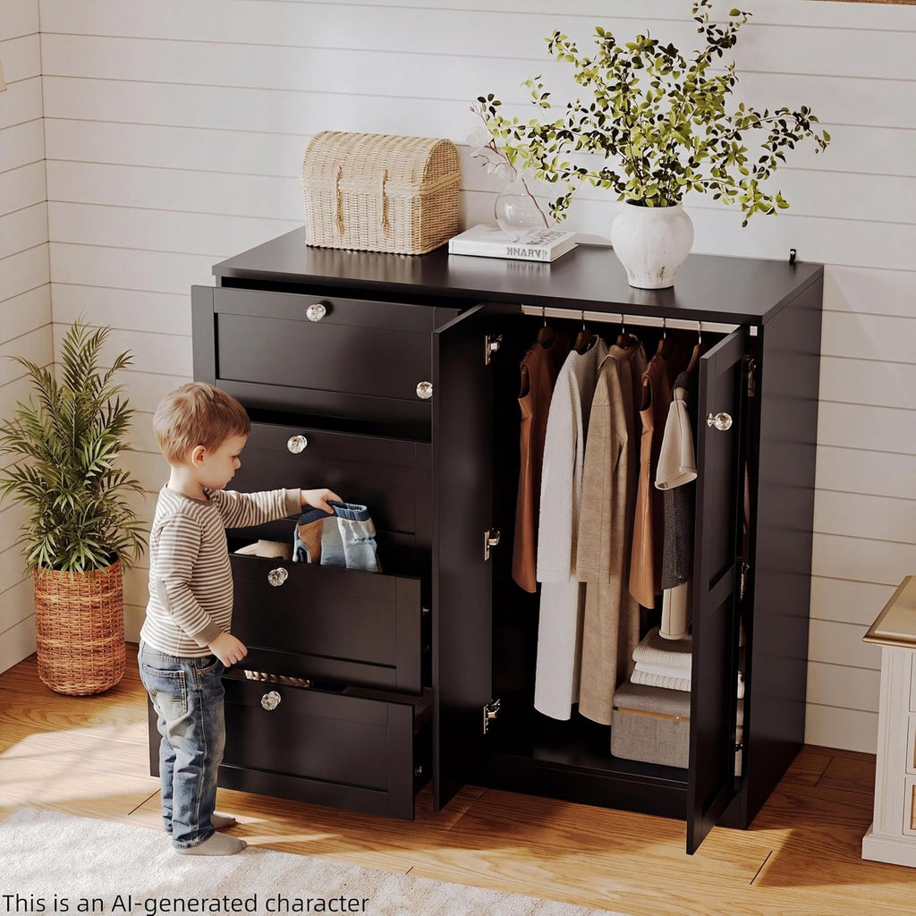 43''H Armoire Wardrobe Closet with 4 Drawers and 2 Doors | Small Clothing Storage Cabinet Dresser with Hanging Rod