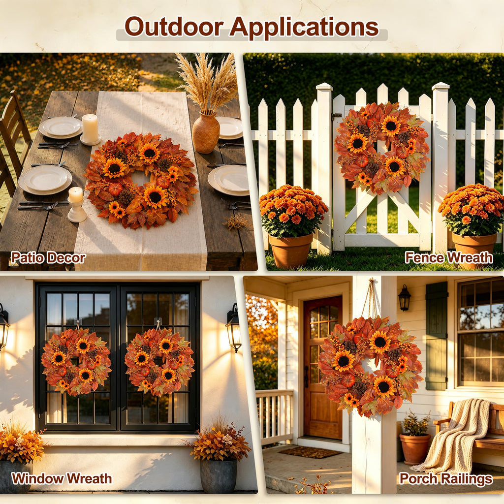 24" Fall Wreath for Front Door Outside Sunflower Autumn Wreath