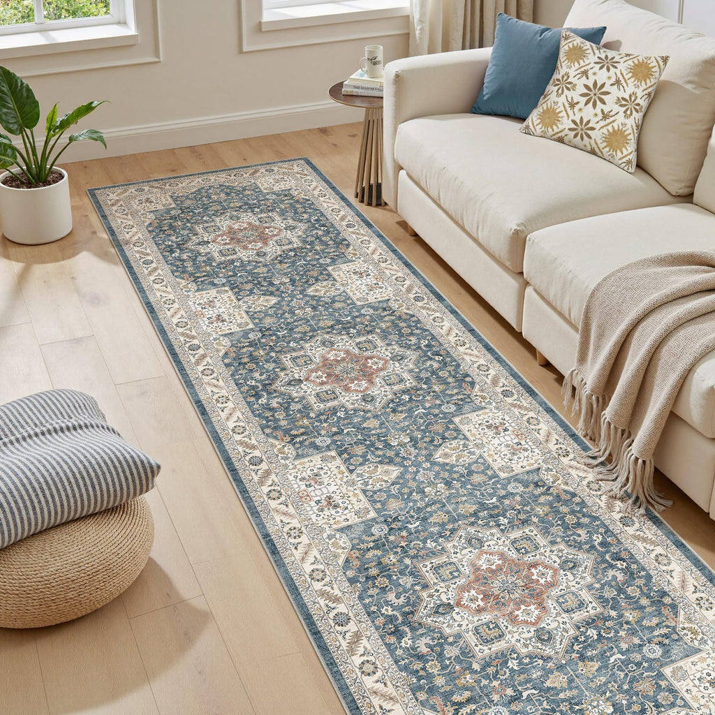 2x8 Hallway Runner Rug, Non-Slip Vintage, Vintage Blue
