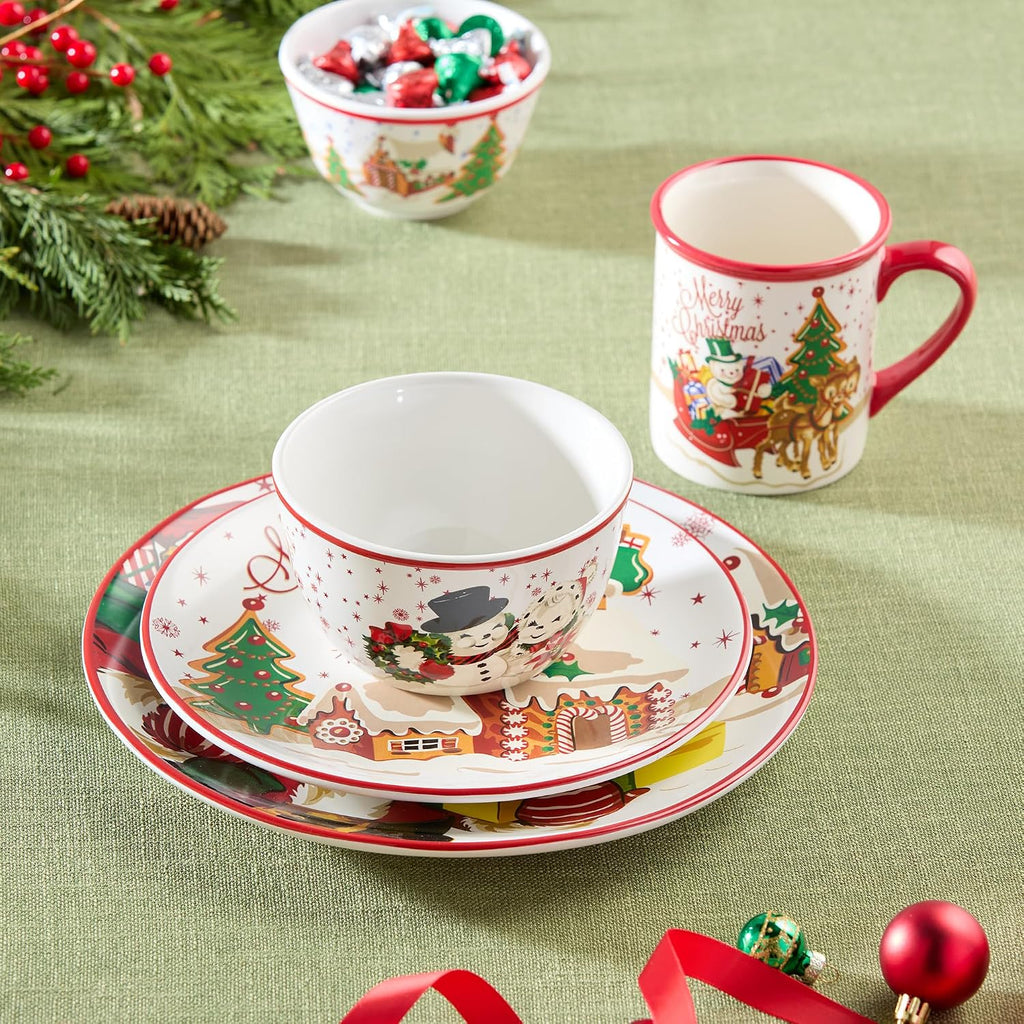 Santa's Retro Christmas 16 pc Dinnerware Set, Service for Holiday Plates, Bowls & Mugs with Vintage Santa