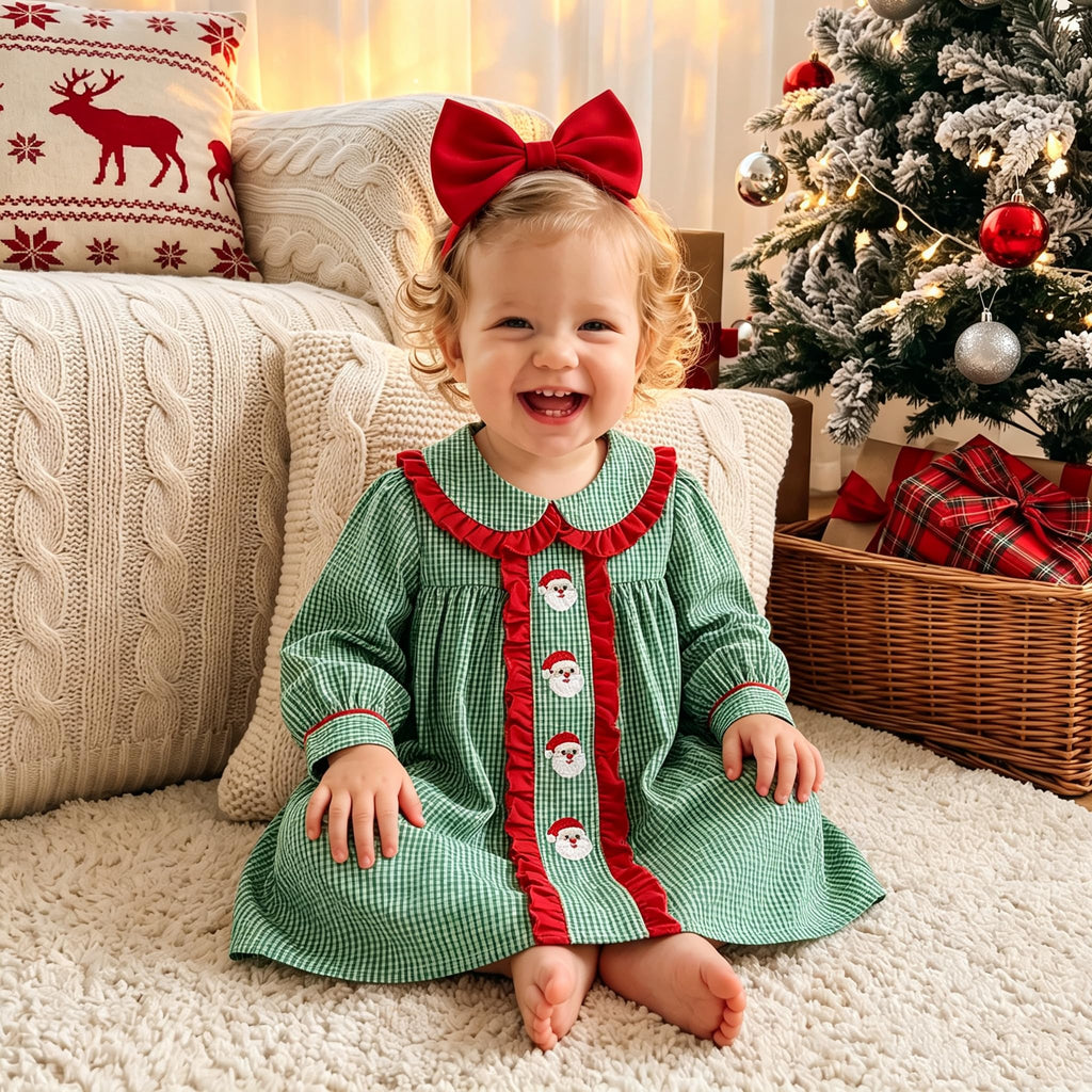 Christmas Toddler Baby Girl Outfit Plaid Smocked Dress Long Sleeve Collar Dress Fall Winter Cute Dresses for Girls