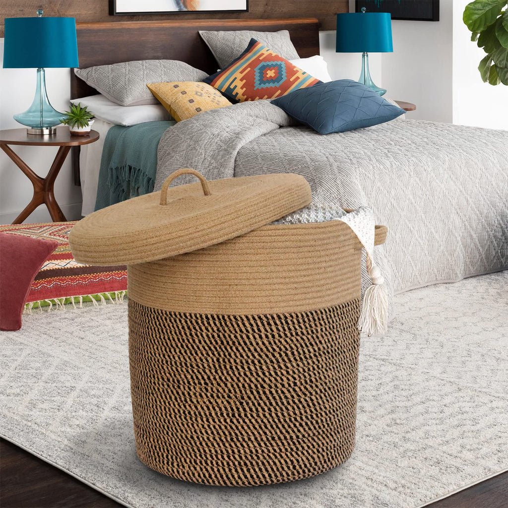 Extra Large Storage Basket with Lid 60L, 16"Wx18"H Woven Laundry Hamper Basket with Handle, Jute Rope Wicker Basket