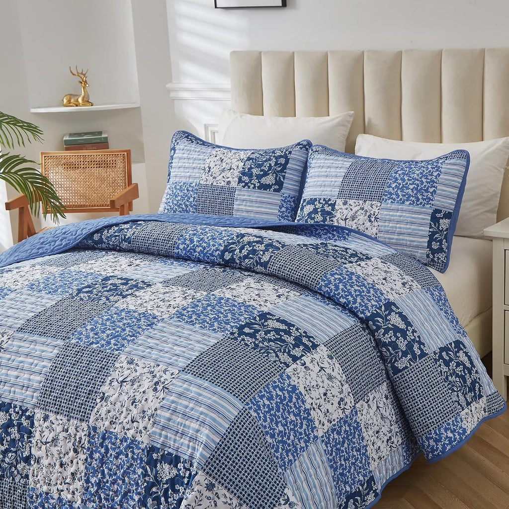 Blue Boho Quilt Set Queen,3 Pieces Plaid Floral Bedspread Coverlet Set for All Season,Patchwork Reversible Bedding