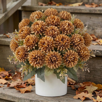 4 Pcs Artificial Mums for Outdoors, Fall Faux Mums for Outdoor Planters, Caramel Brown Warm Taupe Real Touch