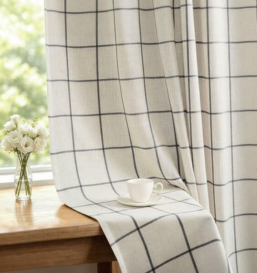100% Blackout Plaid Linen Curtains 84 Inches Long 2 Panels Black