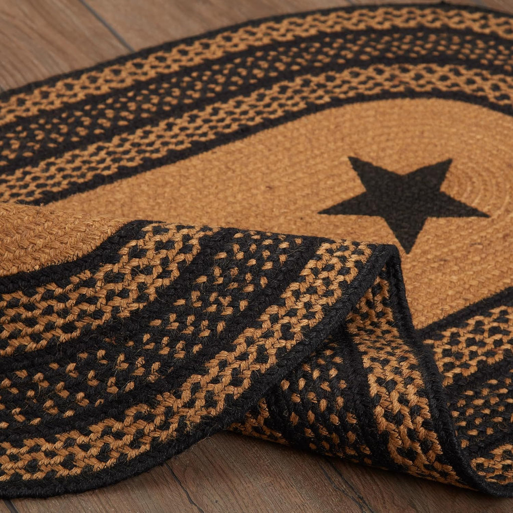 Farmhouse Primitive Jute Black Stenciled Stars Accent Rug Oval w/Floor Pad 24"x36"