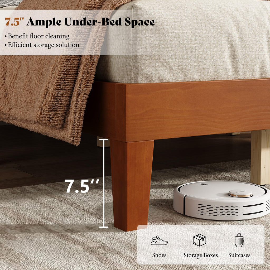 Queen Size Solid Wood Platform Bed with Mid Century Style, Brown