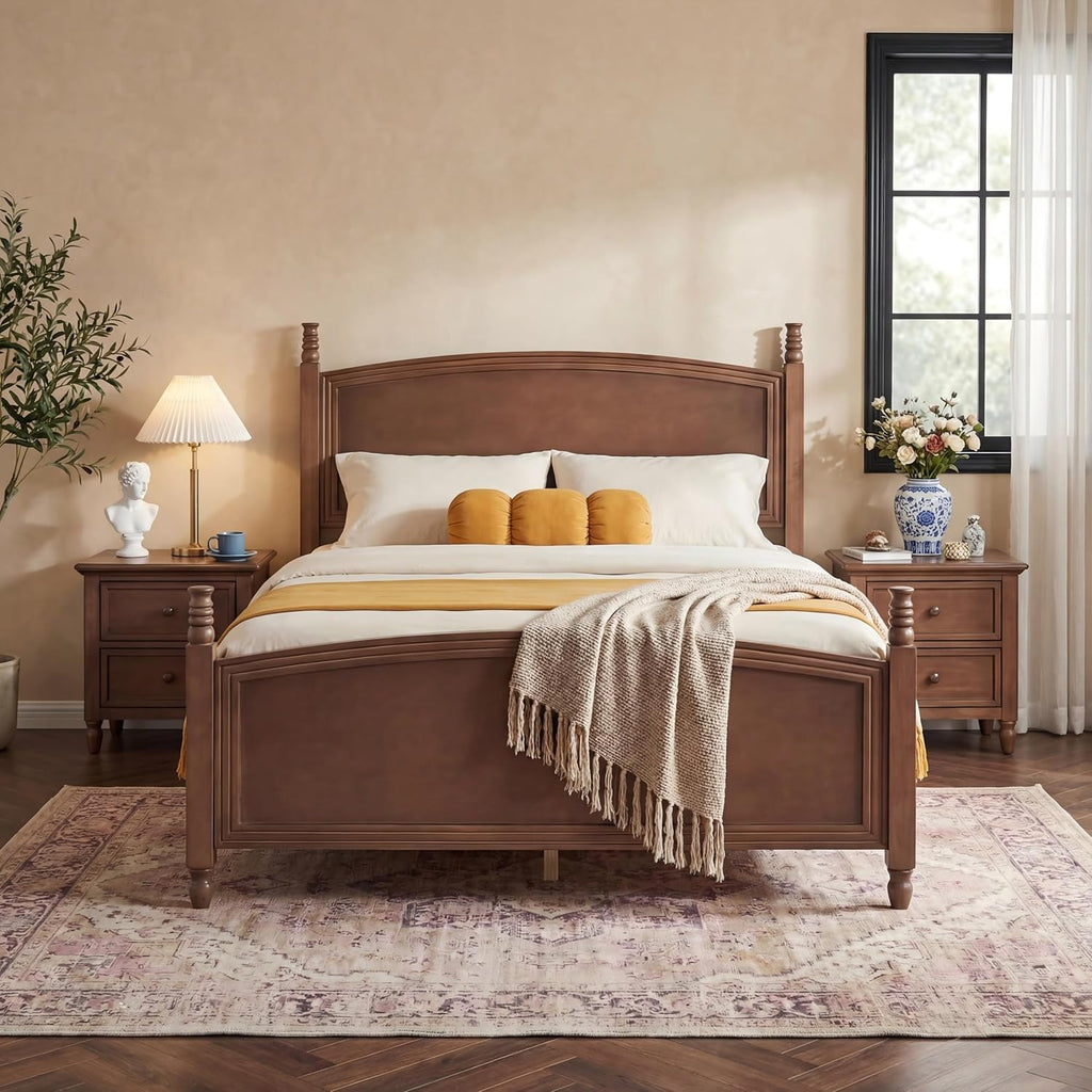 Queen Bed Frame, Solid Wood Platform Bed Frame Queen with Curved Headboard & Footboard, Mid Century Modern Wood
