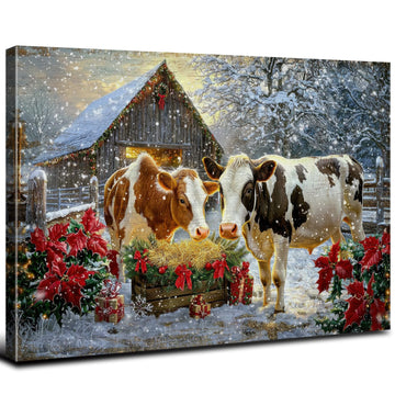 Farmhouse Cow Canvas Wall Art Living Room Bedroom Kitchen Wall Decor Merry Christmas Print Painting Framed