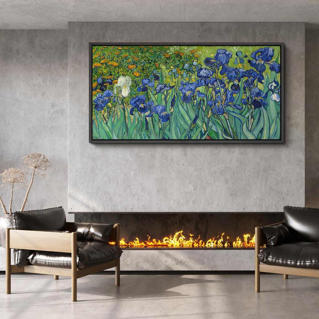 Extra Large Framed Canvas Print Wall Art Blue Irises Garden Van Gogh Inspired Floral Retro Fine Art Illustrations