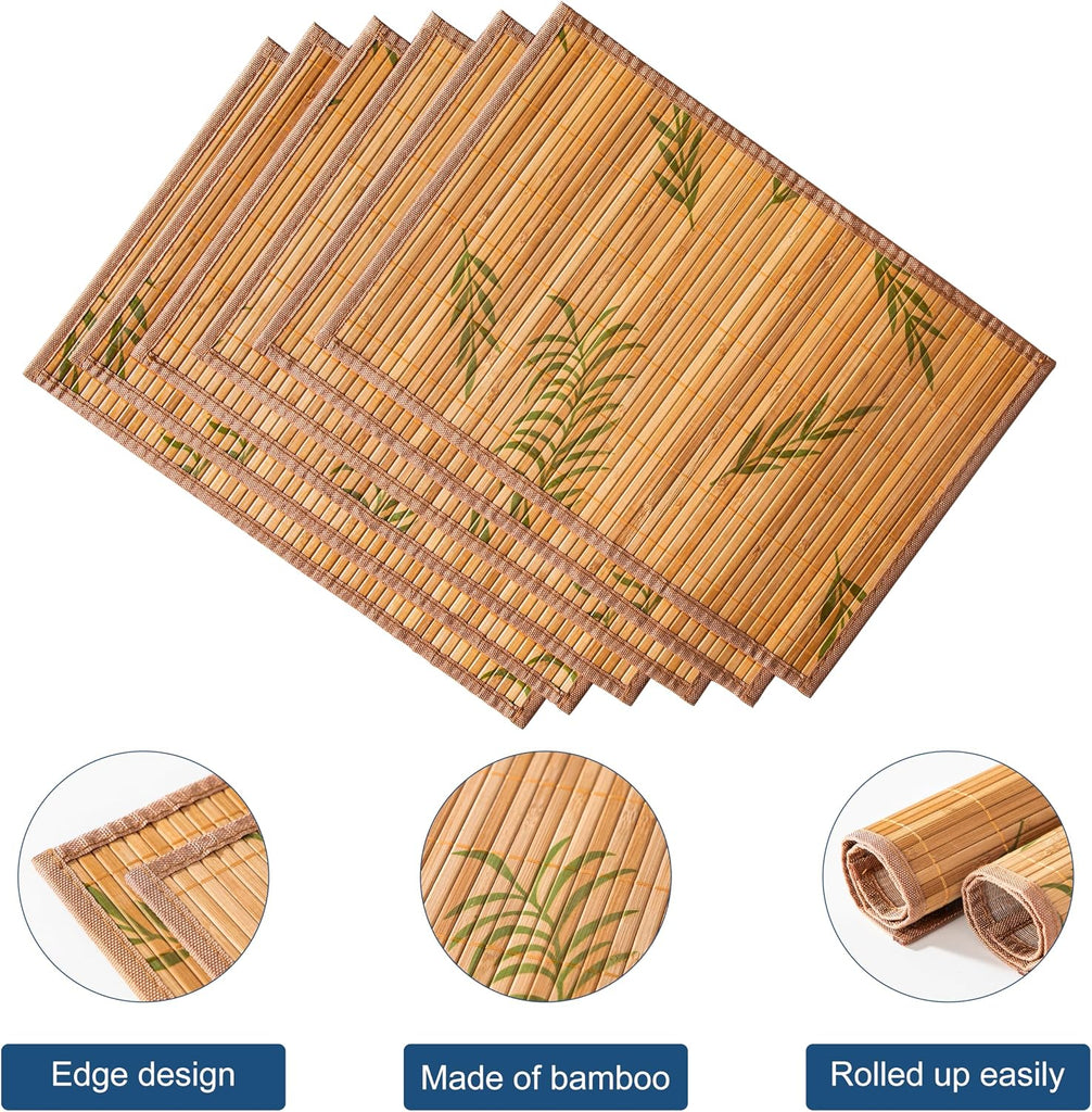 Placemats, Bamboo Table Mats Set with Leaf Pattern, 18'' × 12'' Woven Placemat, Washable Heat-Resistant - Set of 6
