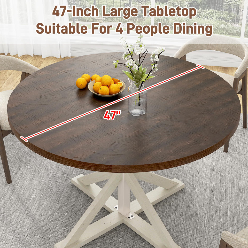 Round Wood Dining Table, Farmhouse Dinner Tables W/Thickened Brown Waterproof Tabletop for 4 People, 47 inch Rustic