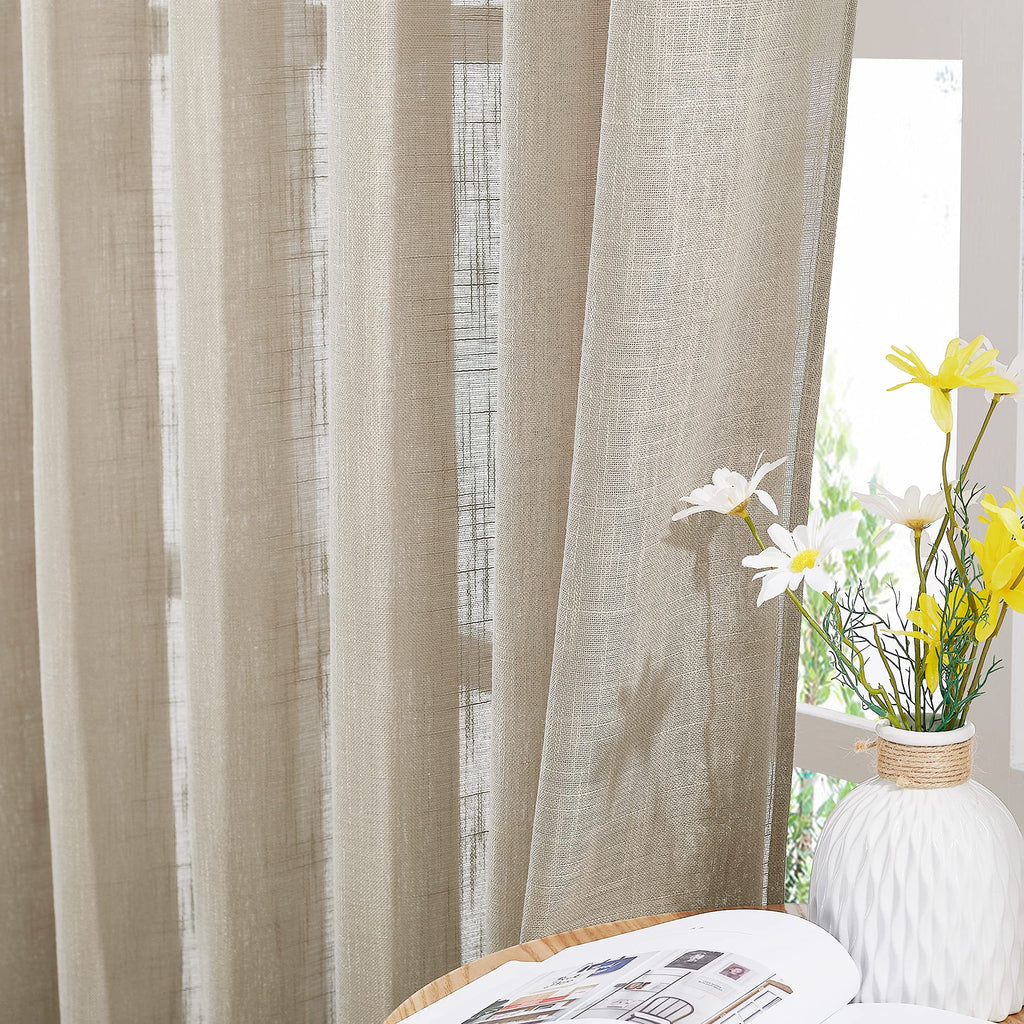Sheer Curtains 84 inches Long, Linen Textured Rod Pocket & Back Tab Privacy Sheer Drapes with Light Through for