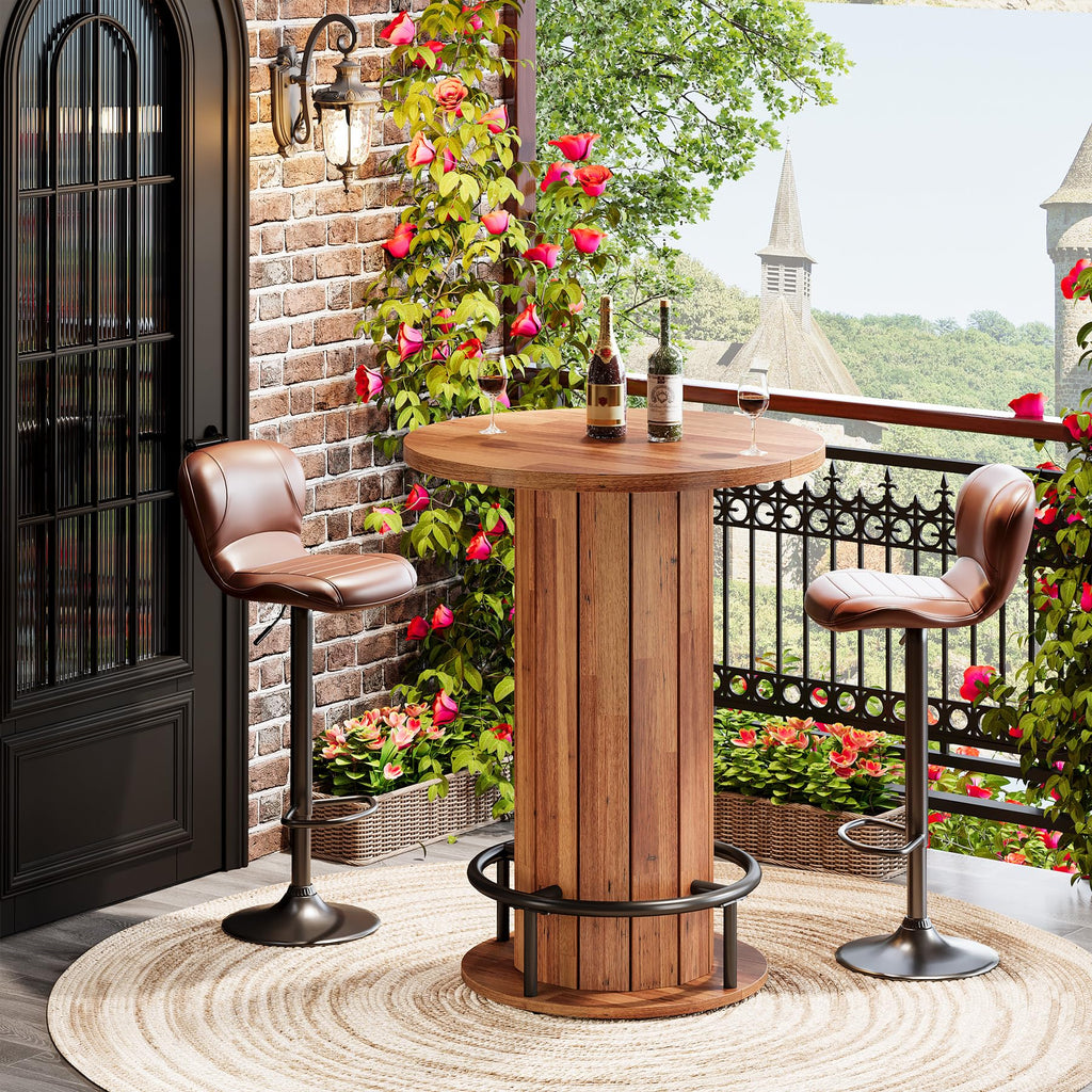 Round Bar Table, 39.4" H Wood Bistro Pub Table with Metal Ring Footrest for Dining Coffee Cocktail Living Room, Small
