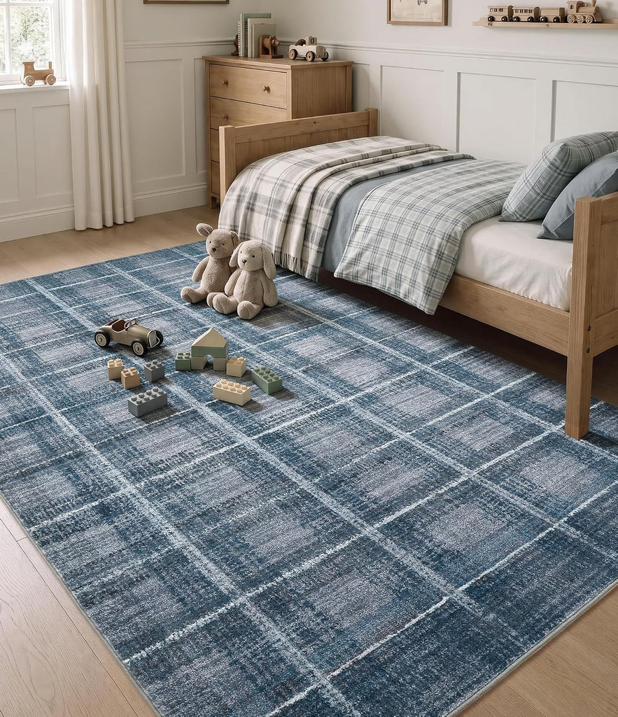 Blue Grey Distressed Plaid Area Rug