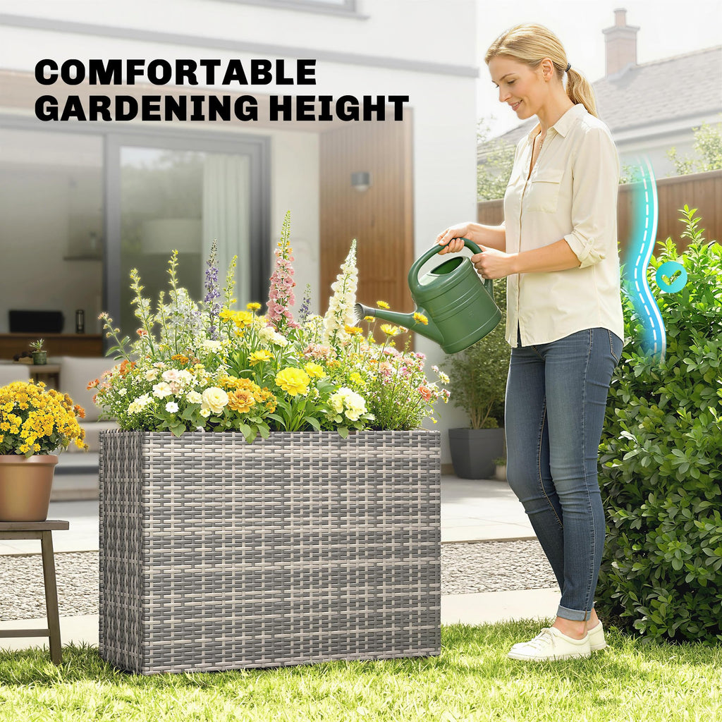 Tall Rectangular Planter with Removable Liner PE Wicker Gray