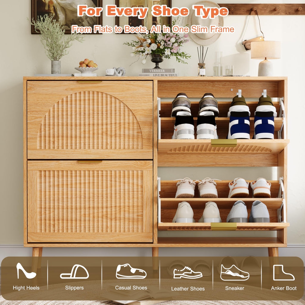 Fluted Shoe Cabinet with 4 Flip Drawers, Narrow Wood Shoe Storage Cabinet, Slim Shoe Rack, Freestanding Shoe Cabinet