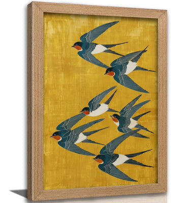Wood Framed Swallow Wall Art, Vintage Japanese Bird Canvas Print, Japanese Flying Swallow Wall Decor, Cottage