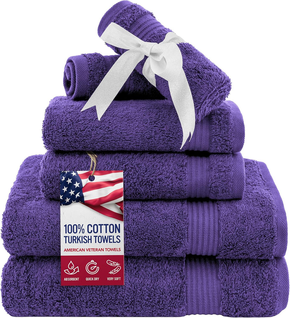 6 Piece Towel Set , 100% Cotton Turkish Bathroom Towels, 2 Bath Towels 2 Hand Towels 2 Washcloths, Purple