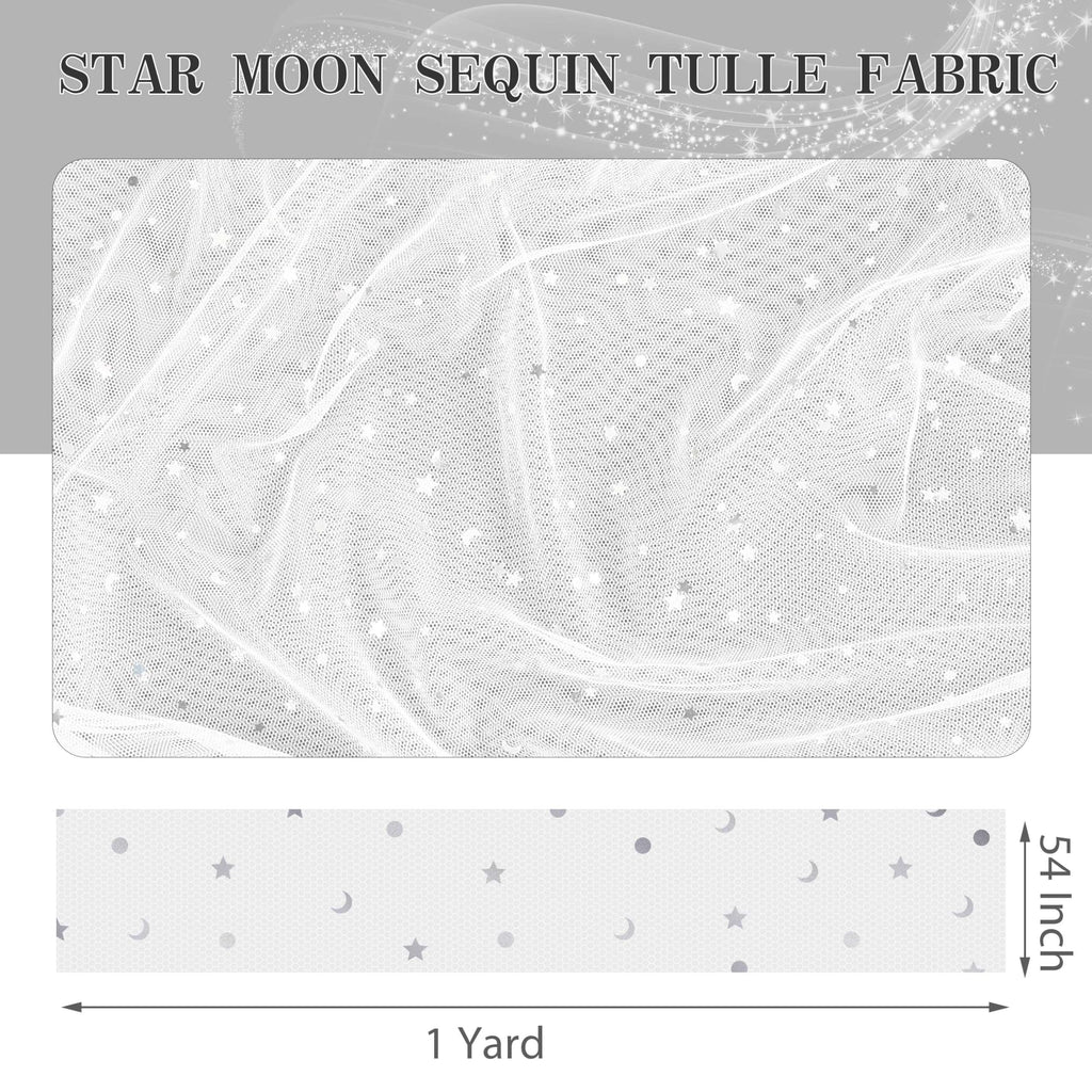 1 Yard Glitter Tulle, Star Moon Sequin, 54" Wide White
