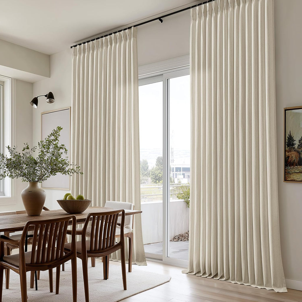 105 Inch Linen Curtains Pinch Pleated 2 Panels for Living Room Dining Light Filtering Semi Sheer Memory Trained Pinch