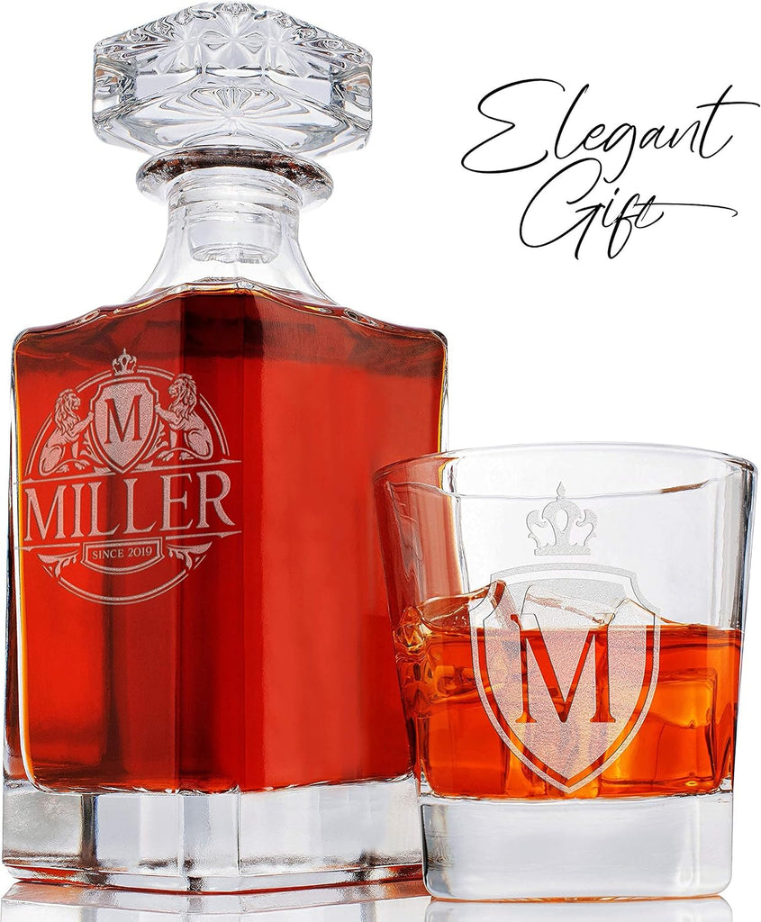 Personalized Whiskey Decanter Set - 9 Design Options - Limited Edition, Custom Liquor Decanter | 25 Oz, 750ml - Set of 4