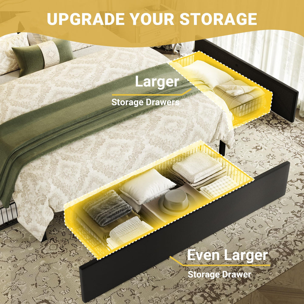 Queen Upholstered Platform Bed Frame with 3 Spacious Storage Drawers, Built-in LED Lights & Charging Station