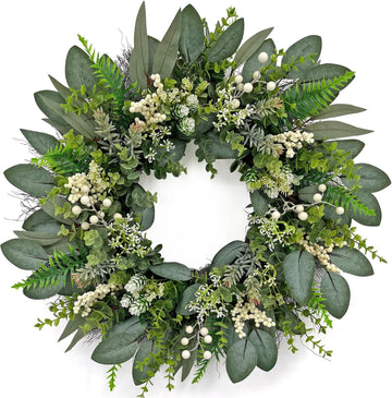 24 Inch Greenery Wreaths for Front Door - Artificial Eucalyptus Wreath with White Berries and Mixed Green Leaves