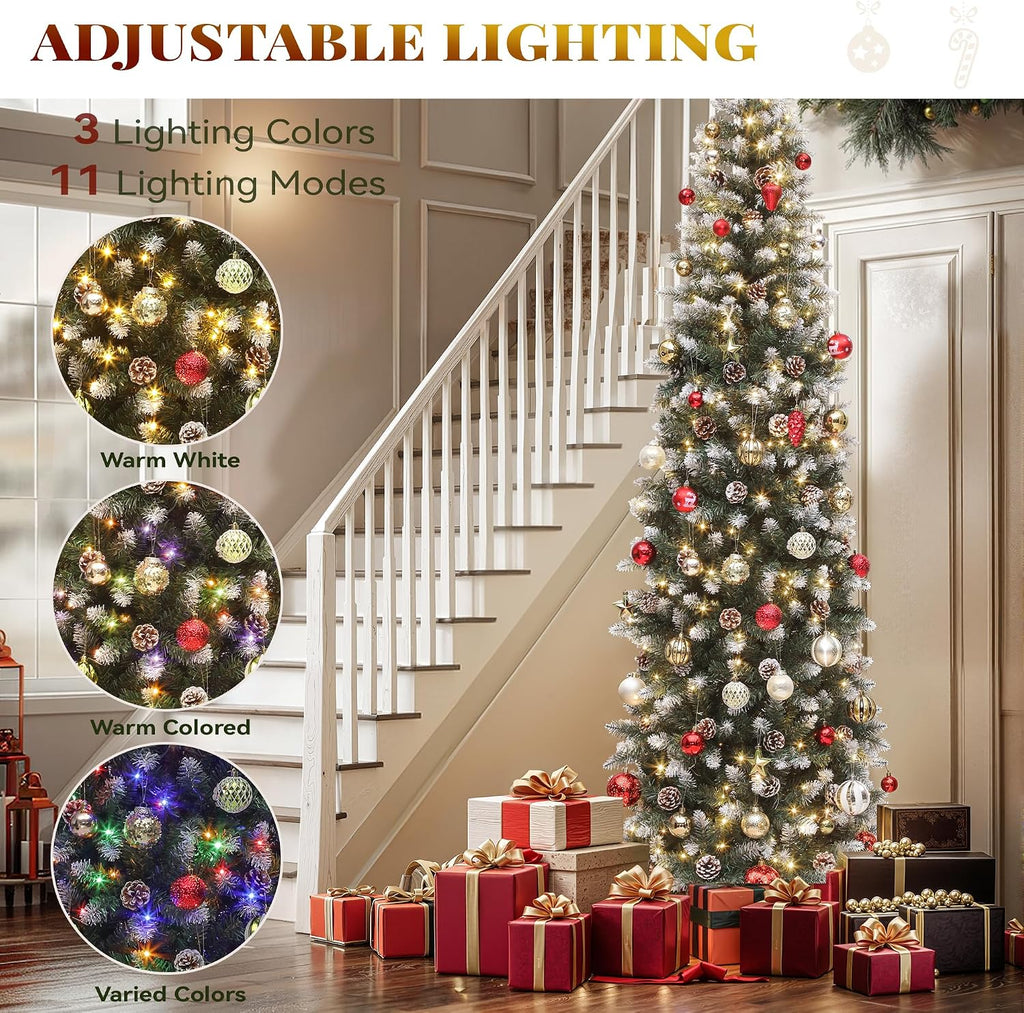 Prelit Green Pencil Christmas Tree w/Remote & Pinecone Decor