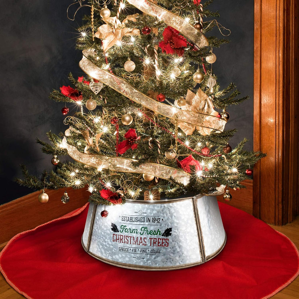 Galvanized Christmas Tree Collar 23 Inch - Farmhouse "Farm Fresh Christmas Trees" Metal Tree Ring for Smaller and Pencil Trees