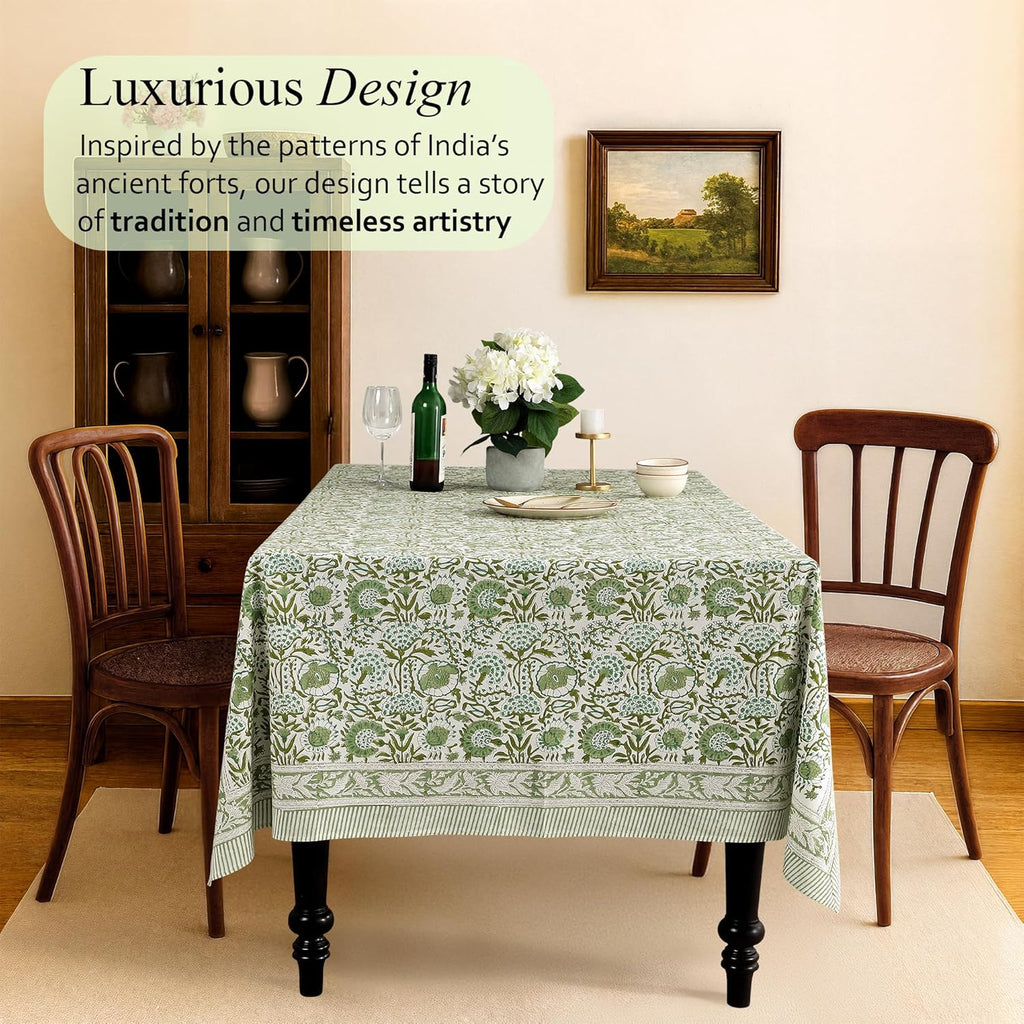 CPC Block Print Tablecloth Agate Green 90"x60" Rectangular 100% Cotton Reusable Table Cover, Everyda