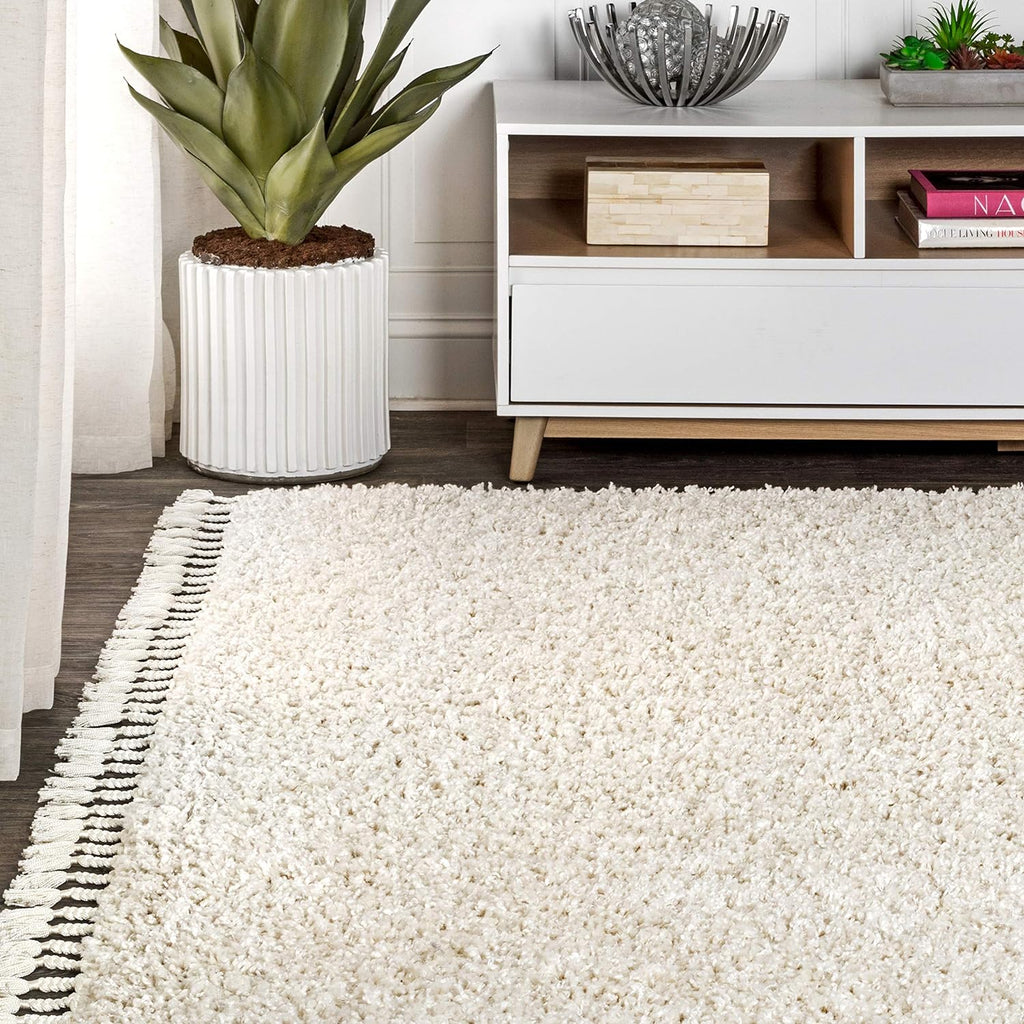 Mercer Shag Plush Tassel Cream Indoor Area Rug, Contemporary, Modern, Easy-Cleaning, Pet Friendly