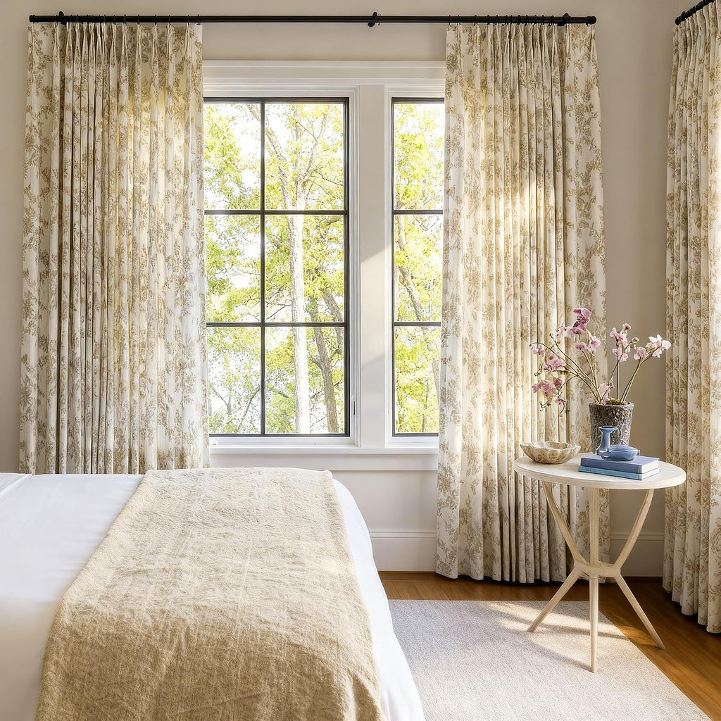 Pinch Pleated Sheer Floral Curtains - Luxury Linen Blend Light Filtering Beige Drapes for Bedroom Living Room - 95"