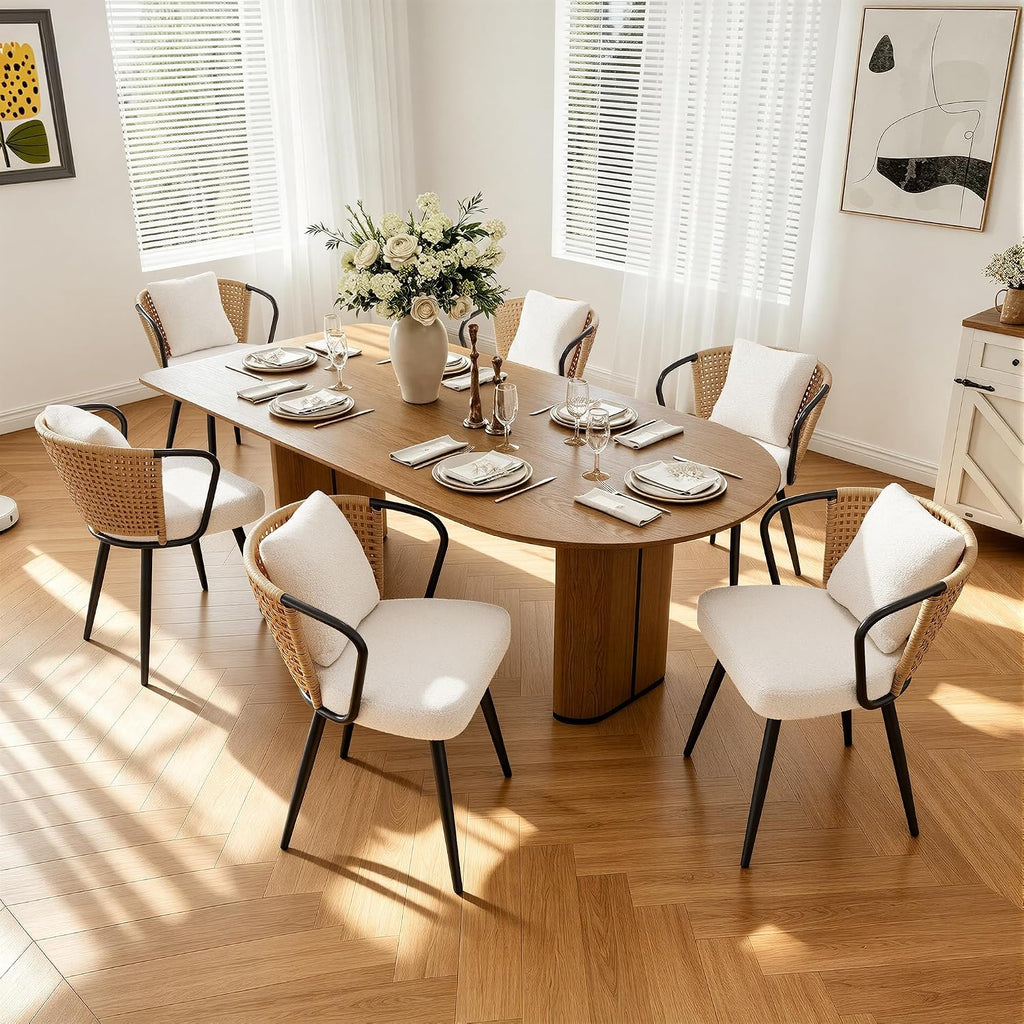 Modern Rattan Dining Chairs Set of 6, Upholstered Kitchen Chair with Metal Legs, Ergonomic Curved Backrest, Mid