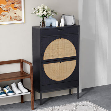 Shoe Rack Storage Organizer with 2 Natural Semi-Circular Rattan Doors, Entryway Wooden Shoe Cabinet for Sneakers